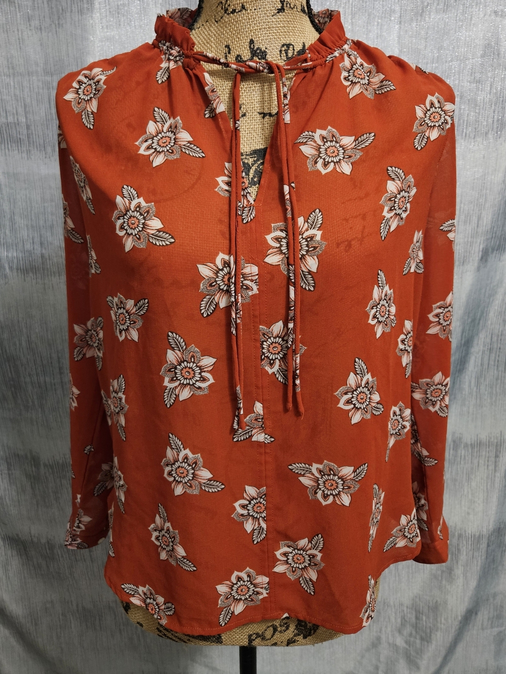 LOFT Rust Floral Tie-Neck Blouse
